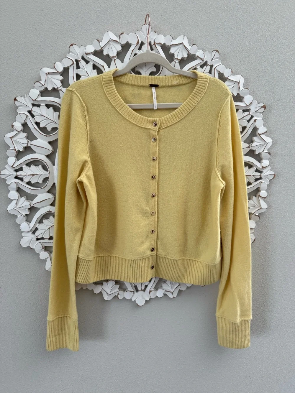 Free People Butter Yellow Wool Cardigan, Nocturnal Cardi Sweater, Large